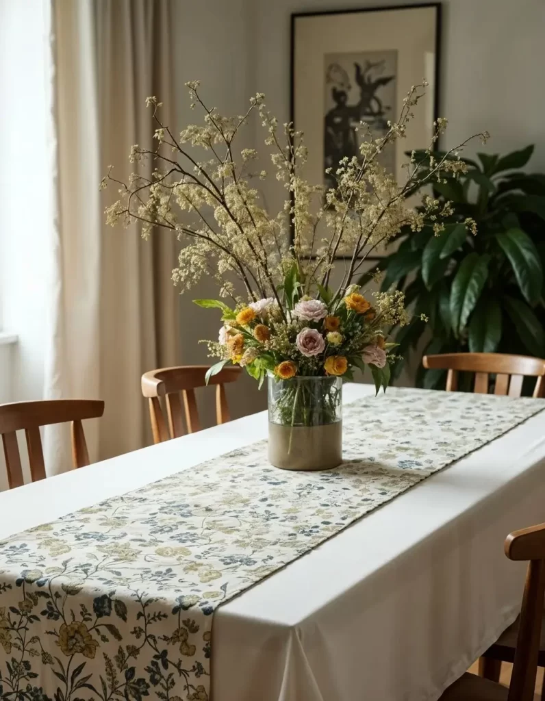 Elegant dining room table featuring a white tablecloth and a vintage-inspired floral table runner, with a tall glass vase holding a vibrant arrangement of pink, yellow, and cream flowers.