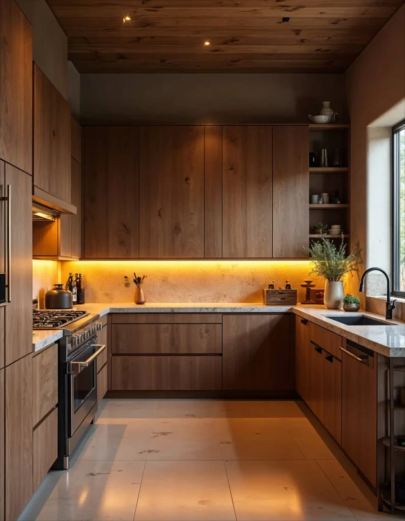 A cozy, wood-heavy kitchen with dark wood cabinets and a slatted wood ceiling. Warm orange under-cabinet LED lighting illuminates the marble backsplash and countertop, creating a soft, ambient glow that highlights the task area.