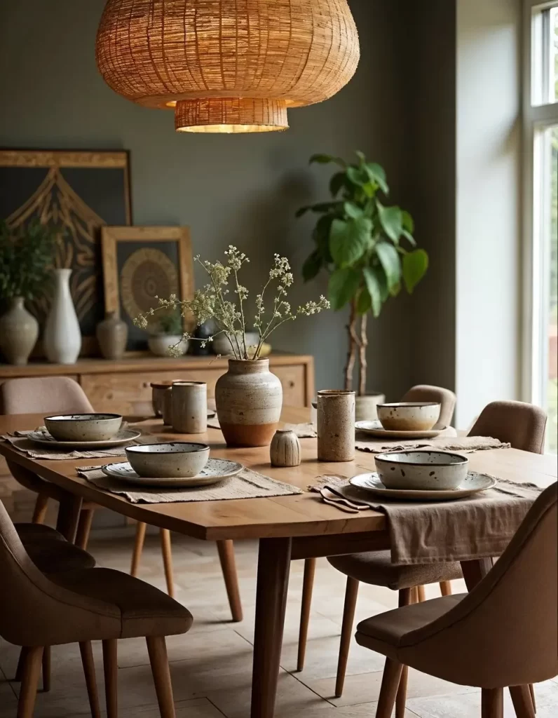 Casual, earthy dining room table arrangement featuring modern speckled ceramic tableware, linen placemats, and a natural wooden table under a large woven pendant light.
