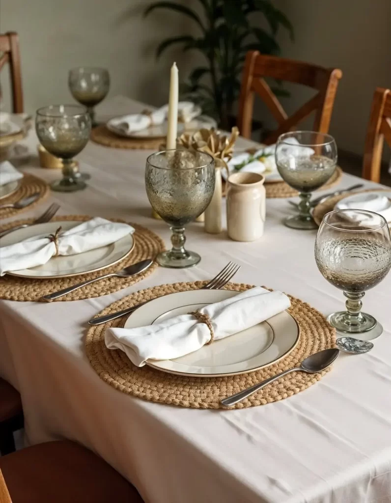 Rustic chic dining room table decor with a cream tablecloth, handwoven jute placemats, white rolled napkins, and unique smoky-green textured wine glasses.