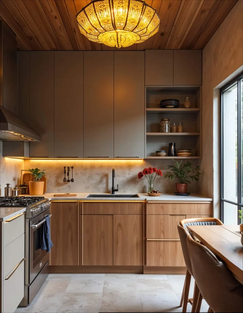 A kitchen featuring mixed wood tones and a prominent ceiling. A large, ornate, amber-toned central ceiling light fixture hangs from the wooden plank ceiling, serving as the main decorative light source over the central cooking area. Under-cabinet lighting provides functional task illumination.