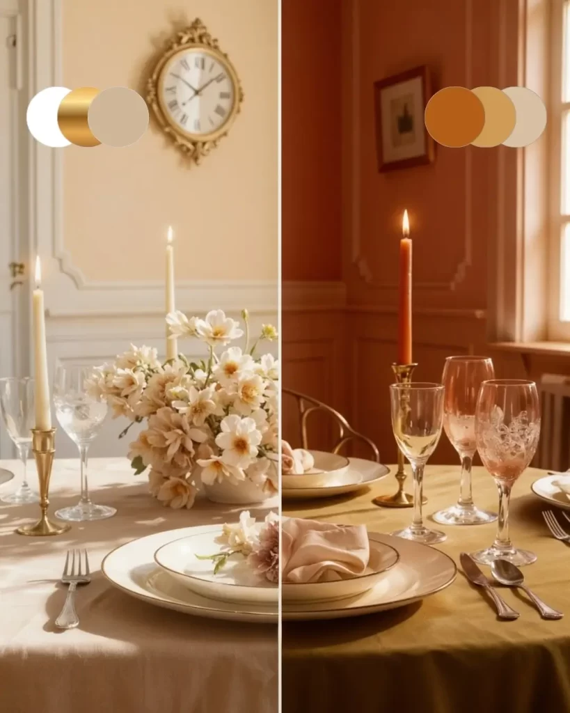 Split image showing two different table color palette styles: Left side is cream and gold with white candles; Right side is ochre, mustard and beige.
