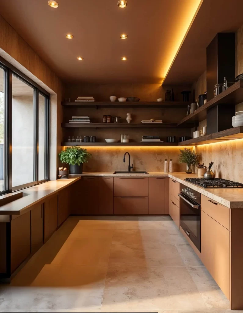 A warm, monochromatic kitchen featuring brown-toned cabinets and walls. Small recessed spot lights are evenly spaced across the ceiling. LED strip lighting illuminates the area under the open shelving, highlighting the textured backsplash and countertops.