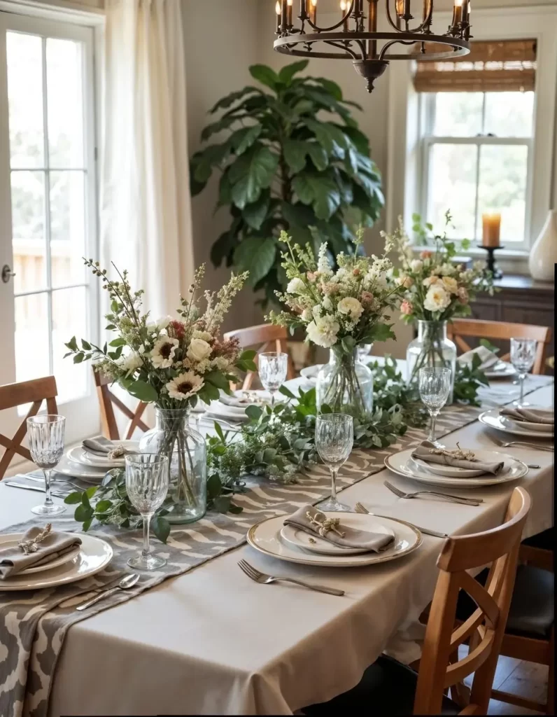 Bright, airy dining room table decor set for a gathering with white plates, linen napkins, and a beautiful centerpiece runner of greenery, garlands, and vases filled with white and pink flowers.