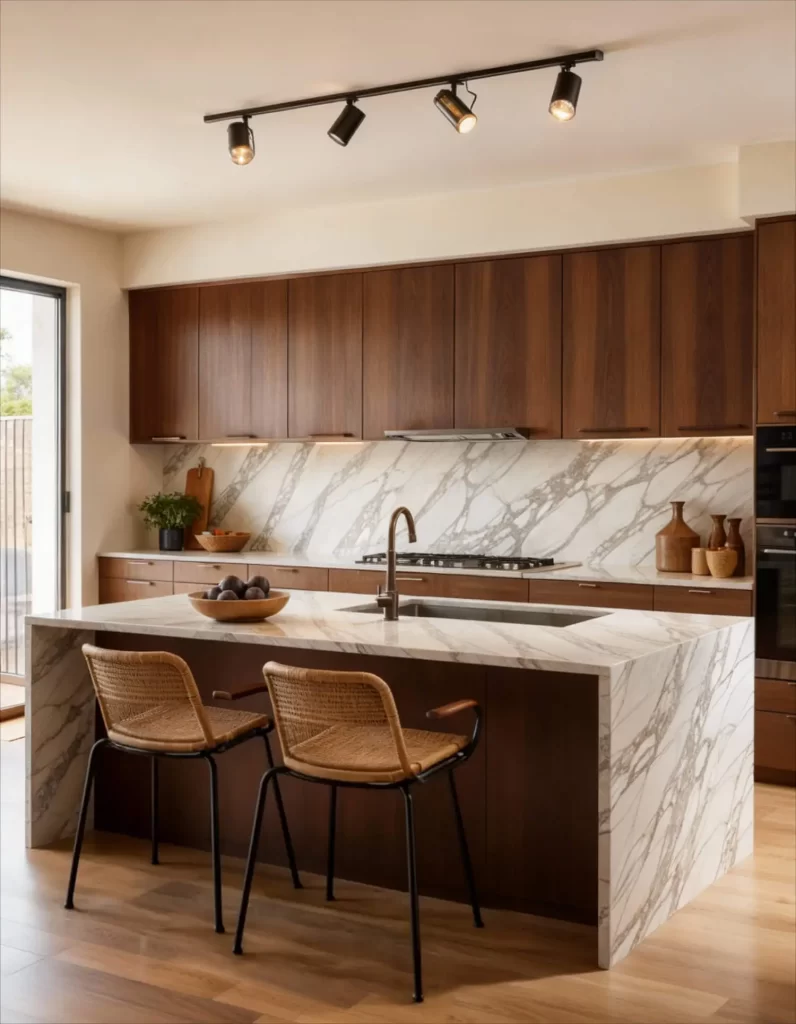 A contemporary kitchen with dark wood upper cabinets and a striking marble waterfall island. Kitchen lighting ideas include the main light source over the island is a black linear ceiling spotlight bar with four adjustable heads, providing focused task lighting on the counter.