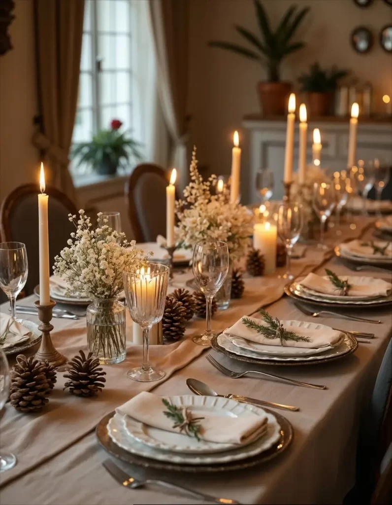 Gorgeous holiday dining room table decor set with cream linens, silver chargers, pine cones, sprigs of evergreen, and glowing taper and pillar candles for a cozy, festive ambiance.