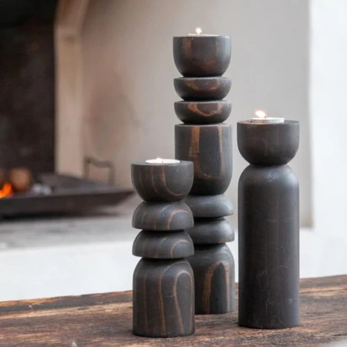Abstract candle holder in charcoal black, made from reclaimed wood