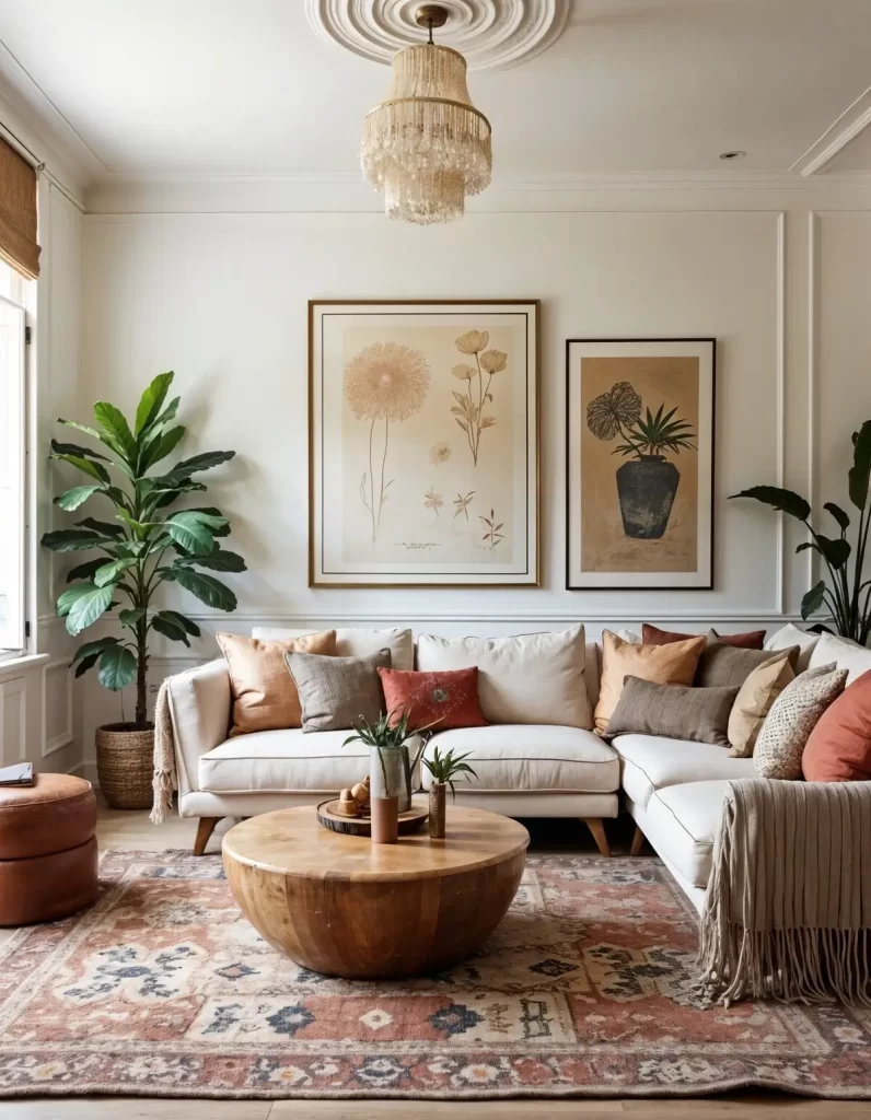 A bright and airy living room with white paneled walls and a crystal chandelier. The space showcases Boho chic interior design with a large white sectional sofa, layered pillows in warm tones, and an oversized round wooden coffee table. A colorful, patterned area rug grounds the furniture.