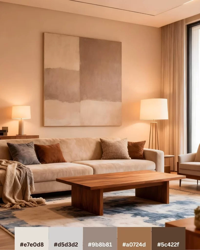 A serene living room featuring a pale beige sofa, a large wooden coffee table, and a contemporary abstract painting in neutral beige and brown tones. The palette is: #e7e0d8, #d5d3d2, #9b8b81, #a0724d, and #5c422f.
