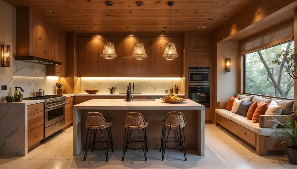A cozy, modern wood kitchen featuring beautiful kitchen lighting ideas. Three woven natural fiber pendant lights hang over a central white island, complementing the wood plank ceiling. Under-cabinet LED strip lighting illuminates the marble backsplash and countertops, and a wall sconce adds accent light near the built-in window seat.