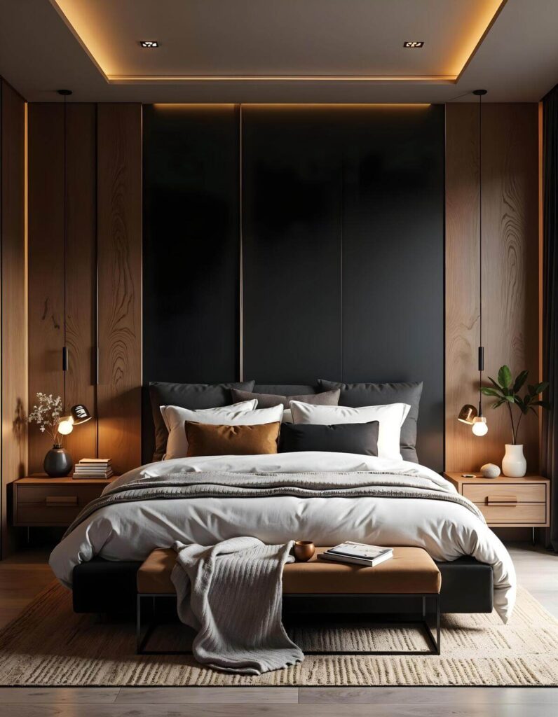 A luxurious, modern bedroom featuring a black, white, and wood color palette. The wall behind the bed is paneled with dark wood veneer, framing a central black panel, all accented by warm strip lighting from above. The bed is large, with a black frame and is dressed in white and grey linens, accented with black and brown pillows. A brown leather bench sits at the foot of the bed. Wooden nightstands flank the bed, each holding a modern brass pendant lamp and a small plant or vase of flowers.