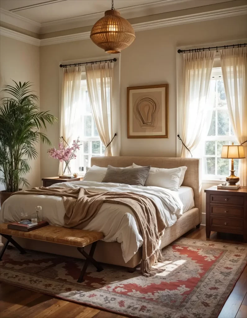 A beautiful and warm bedroom with a refined Boho interior design. The room features a neutral upholstered bed, dark wood nightstands with traditional lamps, and large windows with sheer curtains. A rich red and beige patterned area rug grounds the space, and a large woven pendant light hangs from the ceiling.