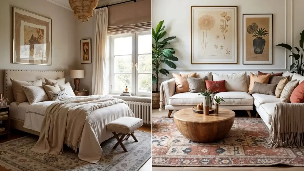 A split image showing two rooms with Boho chic interior design. (Left): A bright bedroom with a neutral color scheme, a tufted headboard, and layered bedding. (Right): A bright living room with a large white sectional sofa, a round wooden coffee table, and oversized floral botanical wall art. A patterned rug and various pillows in earthy tones connect both spaces.