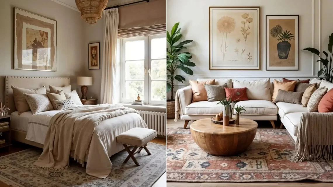 A split image showing two rooms with Boho chic interior design. (Left): A bright bedroom with a neutral color scheme, a tufted headboard, and layered bedding. (Right): A bright living room with a large white sectional sofa, a round wooden coffee table, and oversized floral botanical wall art. A patterned rug and various pillows in earthy tones connect both spaces.