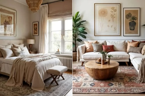 A split image showing two rooms with Boho chic interior design. (Left): A bright bedroom with a neutral color scheme, a tufted headboard, and layered bedding. (Right): A bright living room with a large white sectional sofa, a round wooden coffee table, and oversized floral botanical wall art. A patterned rug and various pillows in earthy tones connect both spaces.