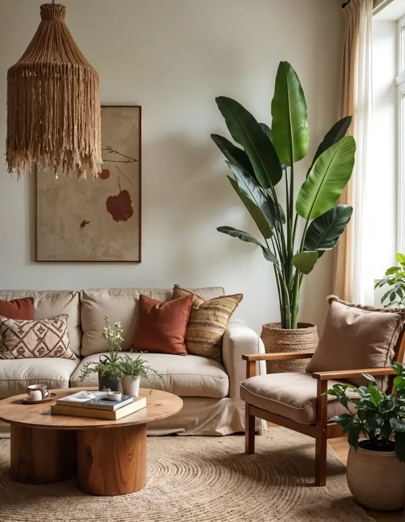 A cozy and bright living room showcasing Boho interior design. It features a light-colored sofa with throw pillows in earthy tones, a round wooden coffee table, and a natural woven jute rug. A large, tropical houseplant and a dramatic tasseled macrame light fixture are central elements.