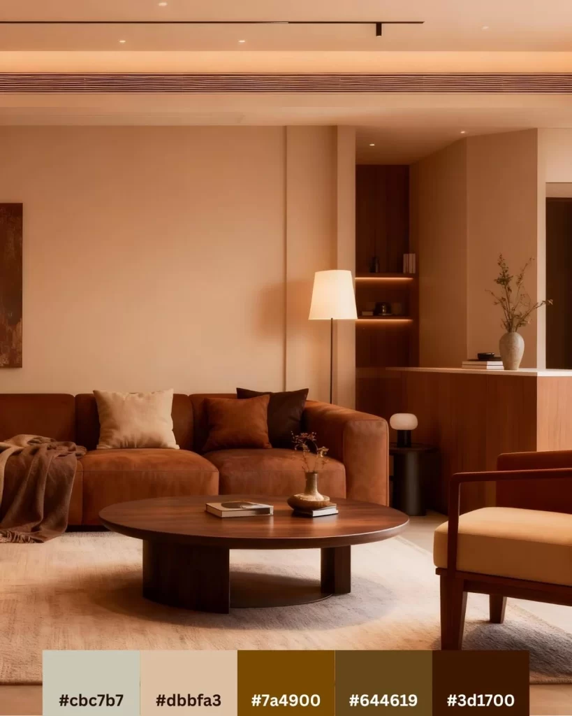 A contemporary living room featuring a warm, monochromatic scheme with a large, comfortable brown leather sofa, a round coffee table, and an accent wall in a soft, light-brown hue, reflecting the natural, earthy color palettes of the village landscape.