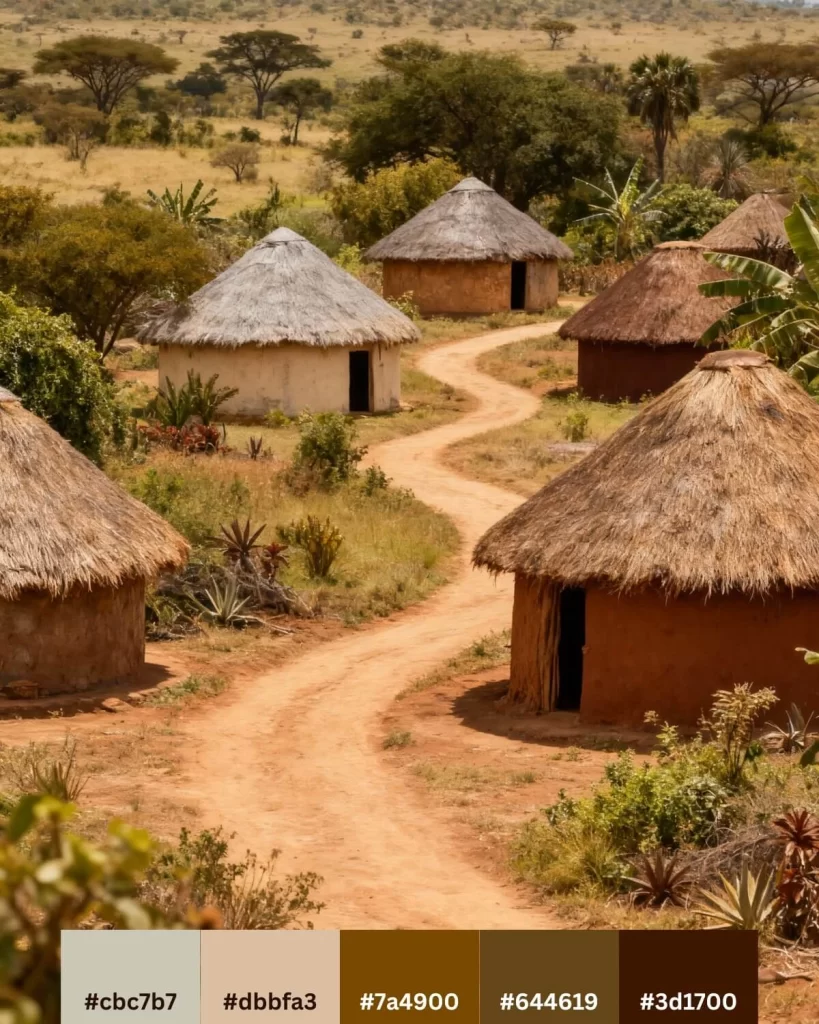 An aerial view of a winding dirt path leading past several traditional, round huts with thatched roofs in a dry, grassy savanna landscape.