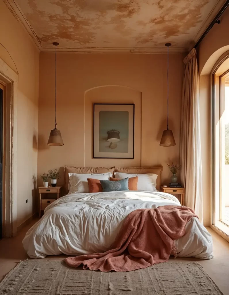 A color-drenched bedroom in warm terracotta tones, illustrating a relaxed Boho interior design. The room features a white-covered bed between two small wooden nightstands, with a large arched window and simple pendant lights. A textured rug is on the floor.
