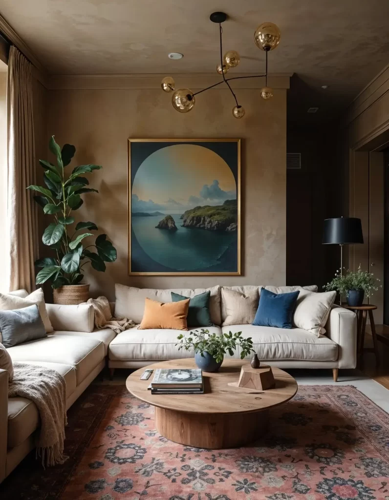 A contemporary living room with deep, warm brown walls, embodying a sophisticated Boho chic interior design. A cream sectional sofa is decorated with colorful pillows (blue, orange, green). A large circular seascape painting is a focal point above the couch, and a detailed area rug anchors the space.