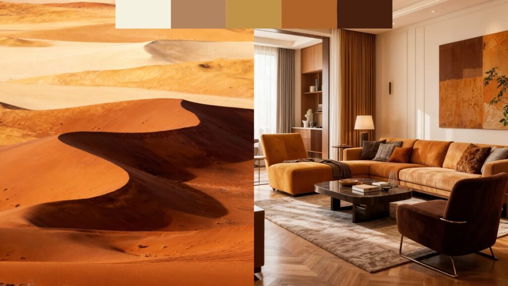 A split image showing desert dunes on the left, with warm, earthy tones of sand and shadow, and a stylish living room on the right, featuring a brown and amber color scheme as an example of earthy color palettes. Modern furniture, and soft lighting, evoking a cozy, elegant atmosphere.