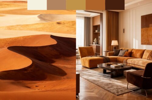 A split image showing desert dunes on the left, with warm, earthy tones of sand and shadow, and a stylish living room on the right, featuring a brown and amber color scheme as an example of earthy color palettes. Modern furniture, and soft lighting, evoking a cozy, elegant atmosphere.