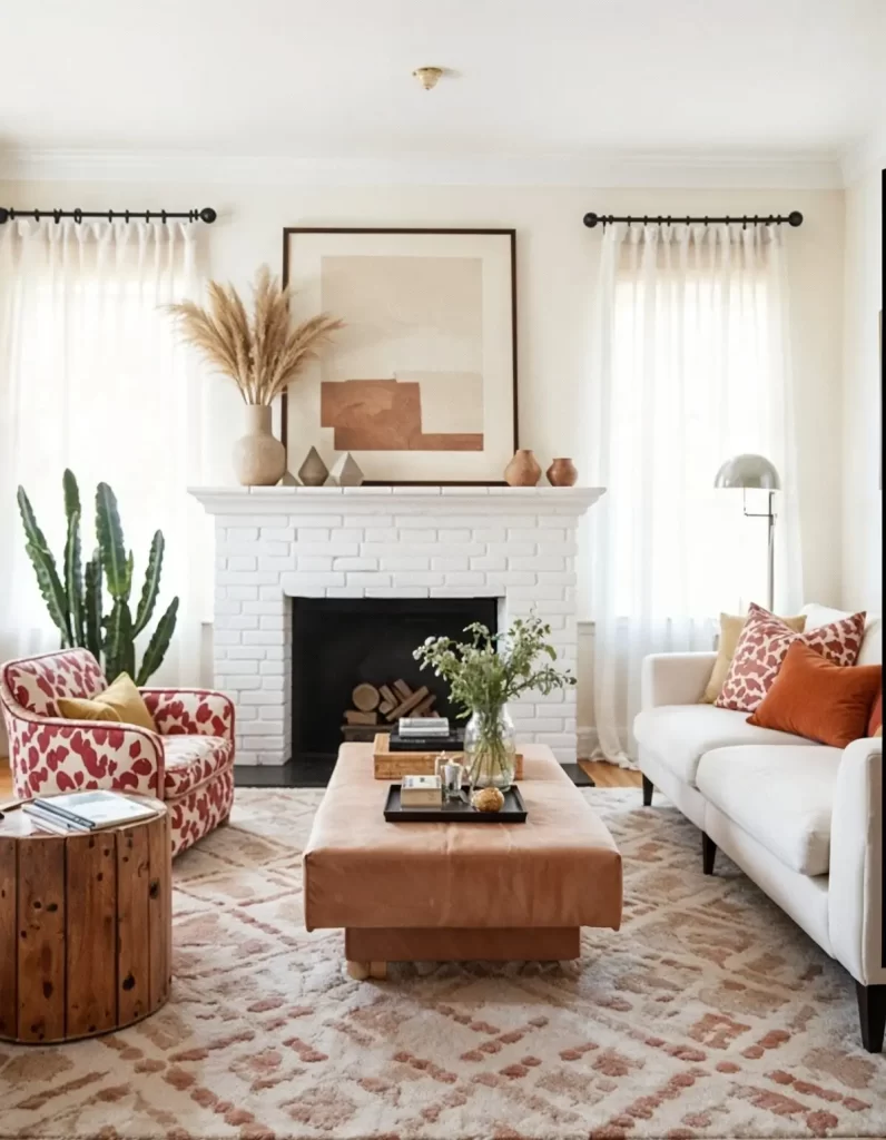 An eclectic and bright modern living room with a white brick fireplace. Boho interior design elements include an orange and white patterned armchair, a large terracotta-toned ottoman used as a coffee table, and a tall cactus plant. Sheer white curtains frame the windows.