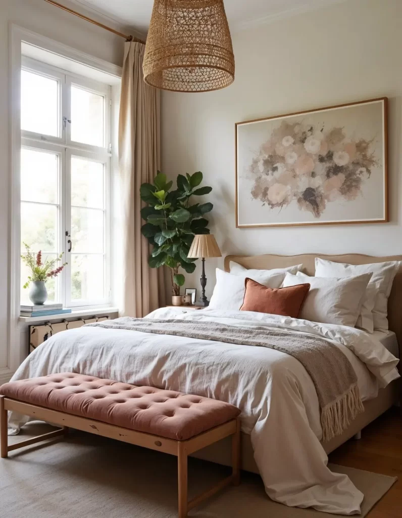 An elegant and bright bedroom featuring Boho interior design. A large bed is dressed in white linen, complemented by a rust-colored bench at the foot and a throw blanket. A rattan light fixture hangs from the ceiling, and a light-toned abstract floral painting is above the headboard.