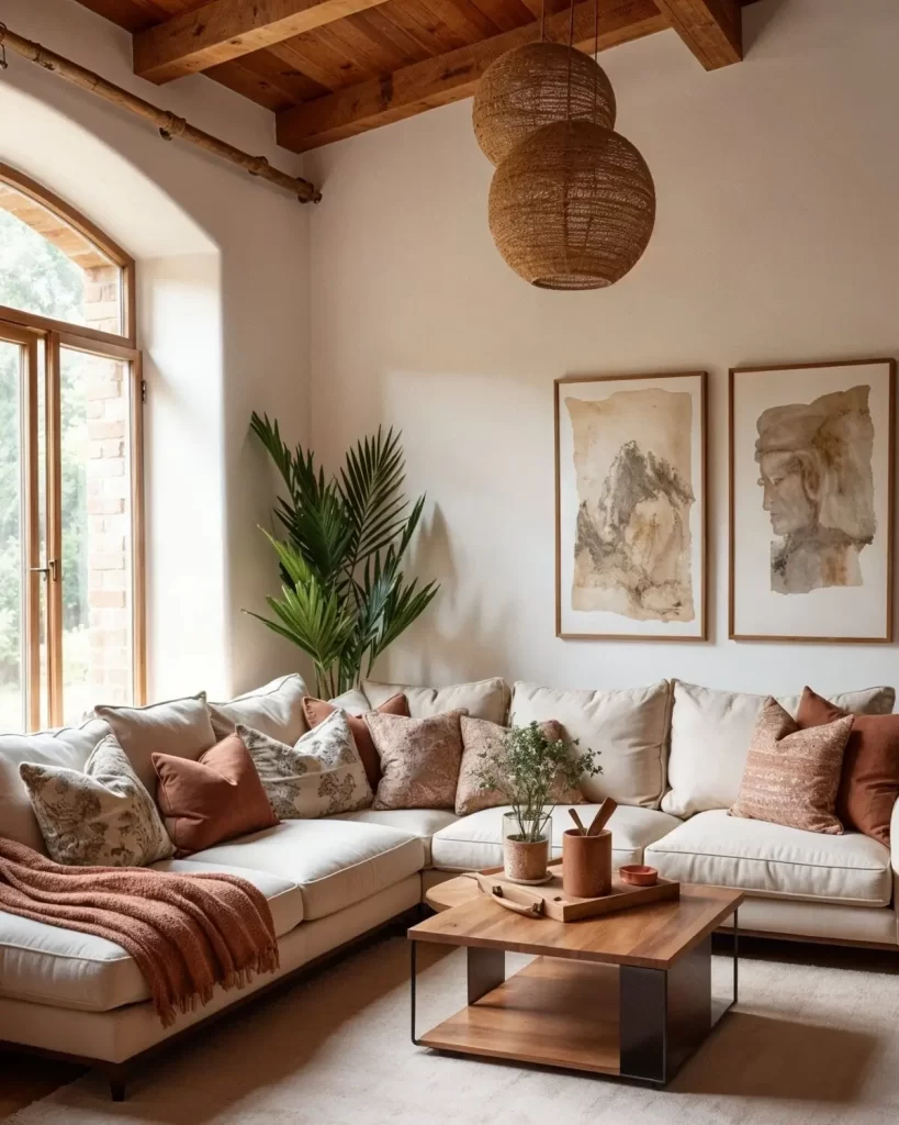 An elegant living room featuring a creamy sectional sofa, wooden beamed ceilings, and natural light. Large woven globe pendant lights and a potted palm tree contribute to the Boho chic interior design style. The room is decorated with rust and patterned throw pillows.
