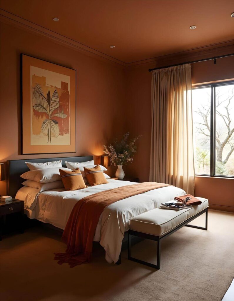 A contemporary bedroom featuring warm, earthy tones indicative of African bedroom decor. The walls and ceiling are painted a deep, rust-red/terracotta color. Above the bed hangs a large framed artwork featuring abstract shapes and a stylized plant motif in orange, white, and brown. The bed is layered with white bedding, an orange throw blanket, and matching accent pillows. A white upholstered bench sits at the foot of the bed. To the right, a window offers a view of a barren outdoor landscape, and is covered by long, neutral-toned curtains.