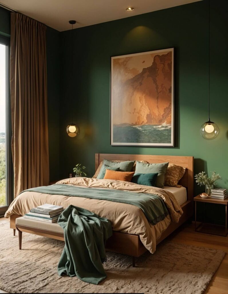A cozy, nature-inspired bedroom with a dominant green and brown color palette. The walls are a deep, rich forest green. A large window on the left is framed by matching brown curtains. The wooden bed is dressed in tan/beige bedding, layered with two shades of green throws and pillows. Above the bed hangs a large abstract painting with colors of orange, brown, and green, resembling a landscape. Two spherical pendant lights hang over the bedside area. A brown side table and a neutral rug complete the look.
