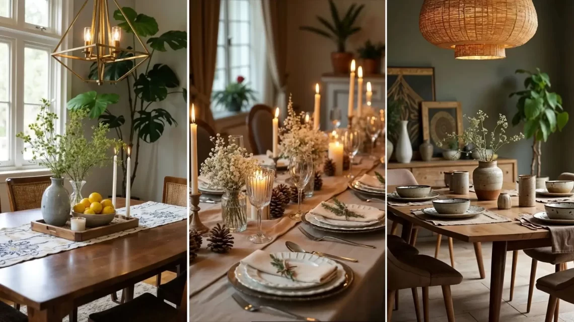 Collage of three dining room table decor styles: Left shows a modern farmhouse look with a lemon tray and runner; Center is an elegant holiday setting with candles and pinecones; Right is a casual rustic style with ceramic bowls and a woven light fixture.
