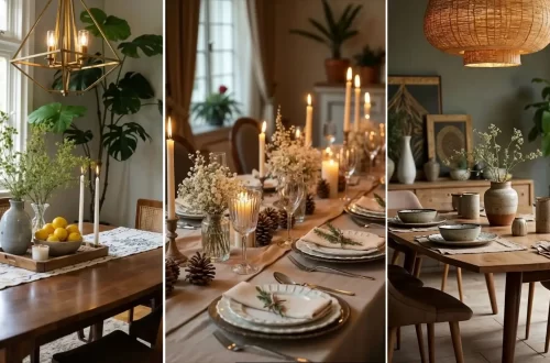 Collage of three dining room table decor styles: Left shows a modern farmhouse look with a lemon tray and runner; Center is an elegant holiday setting with candles and pinecones; Right is a casual rustic style with ceramic bowls and a woven light fixture.