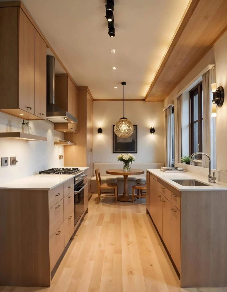 A galley kitchen with light wood cabinets and two distinct lighting zones. The work area uses a black track light with multiple spotlights and under-cabinet task lights. The adjacent dining nook is highlighted by a spherical woven pendant light and two decorative wall sconces.