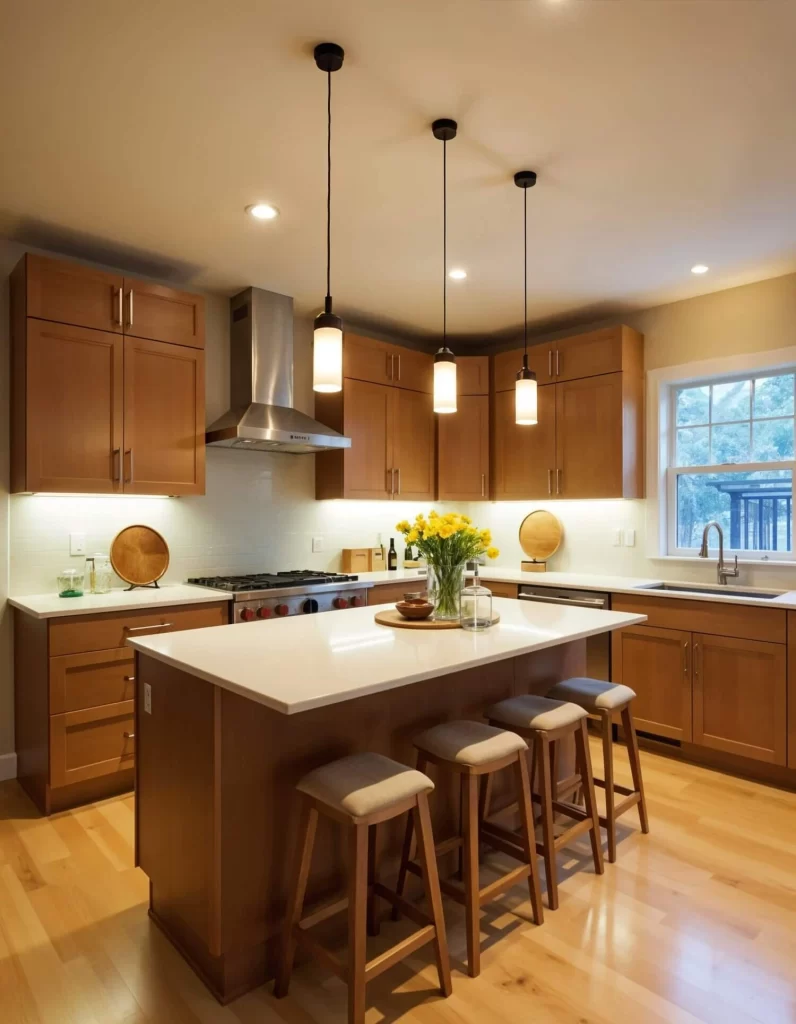 A warm, classic kitchen with light wood cabinets and a central island. The island is illuminated by three simple modern cylindrical pendant lights. Recessed ceiling lights provide overall ambient light, while under-cabinet LED strips offer focused task lighting over the countertops.