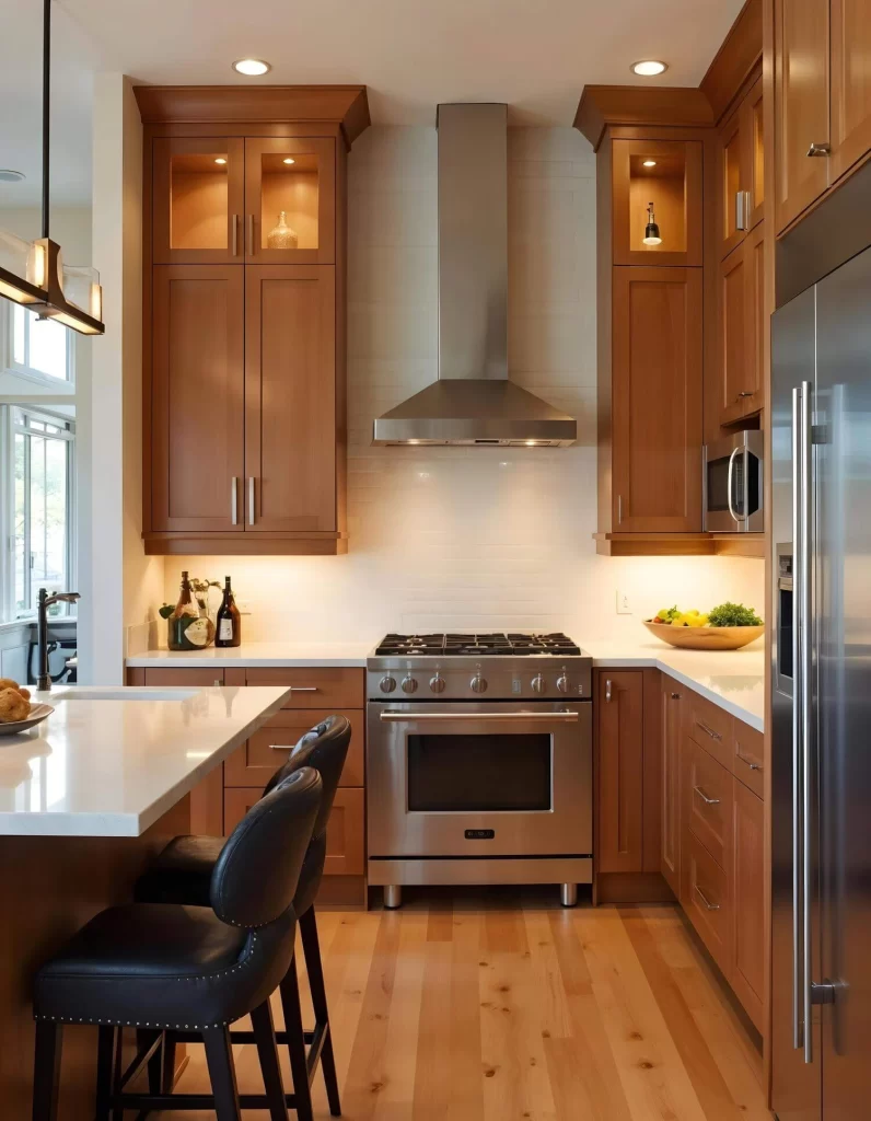 A modern kitchen with medium-brown cabinets and stainless steel appliances. The minimalist lighting includes recessed ceiling lights, under-cabinet task lighting, and accent lights inside the upper glass-front cabinets to showcase decorative items.