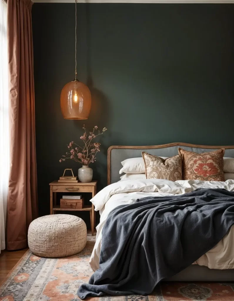 A moody Boho interior design bedroom with deep forest green walls and a plush gray bed. Rust-colored velvet curtains and an amber glass pendant light add warmth. A woven pouf and a patterned area rug complete the cozy look.