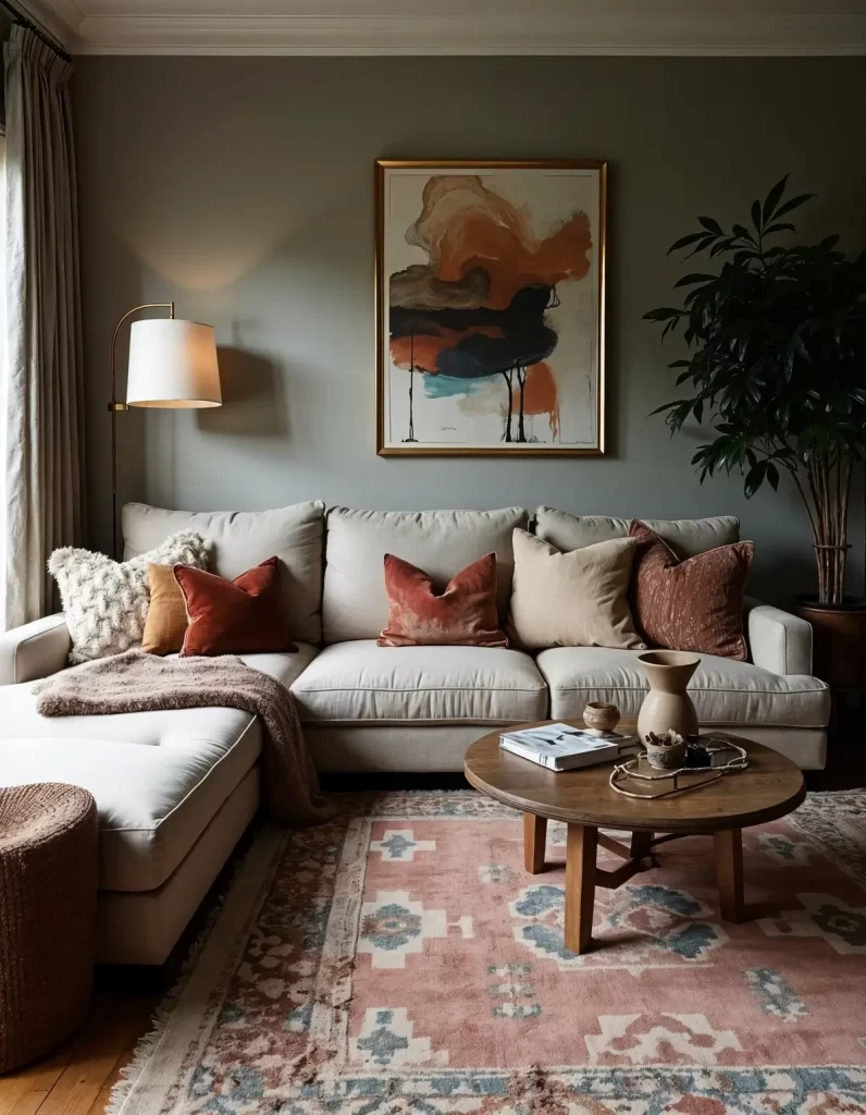 A cozy living room with a muted sage green wall, showcasing Boho interior design. A neutral sectional sofa is adorned with burnt orange, rust, and beige throw pillows. A patterned, faded pink and orange area rug anchors the space beneath a round wooden coffee table.