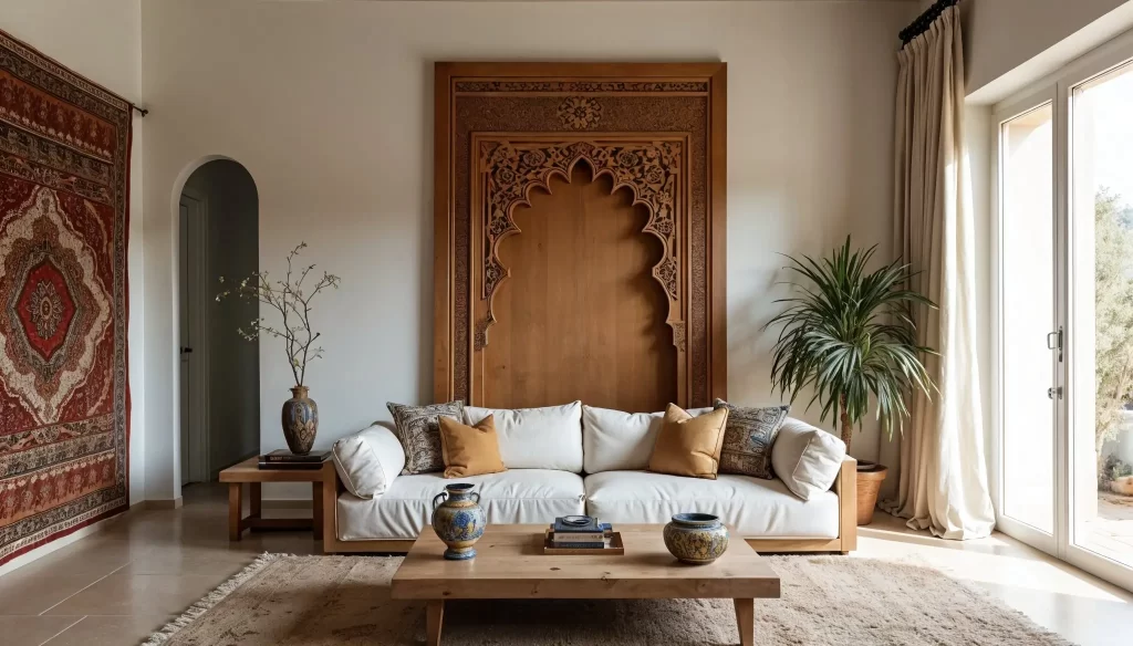 A bright, modern living room featuring a large white sofa centered in front of an oversized, light wood headboard or wall panel with carved Moroccan art in the shape of a grand horseshoe arch. The room includes a large patterned textile hanging on the left, a natural fiber rug, and a wood coffee table with decorative ceramic vases.