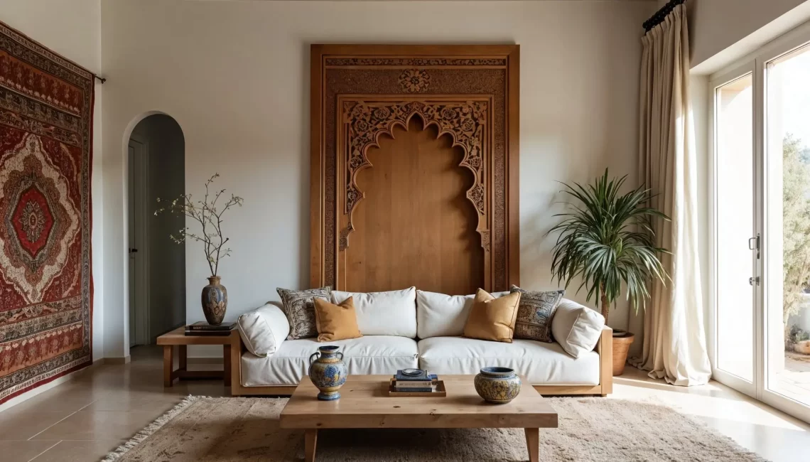 A bright, modern living room featuring a large white sofa centered in front of an oversized, light wood headboard or wall panel with carved Moroccan art in the shape of a grand horseshoe arch. The room includes a large patterned textile hanging on the left, a natural fiber rug, and a wood coffee table with decorative ceramic vases.