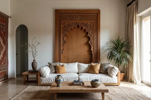 A bright, modern living room featuring a large white sofa centered in front of an oversized, light wood headboard or wall panel with carved Moroccan art in the shape of a grand horseshoe arch. The room includes a large patterned textile hanging on the left, a natural fiber rug, and a wood coffee table with decorative ceramic vases.