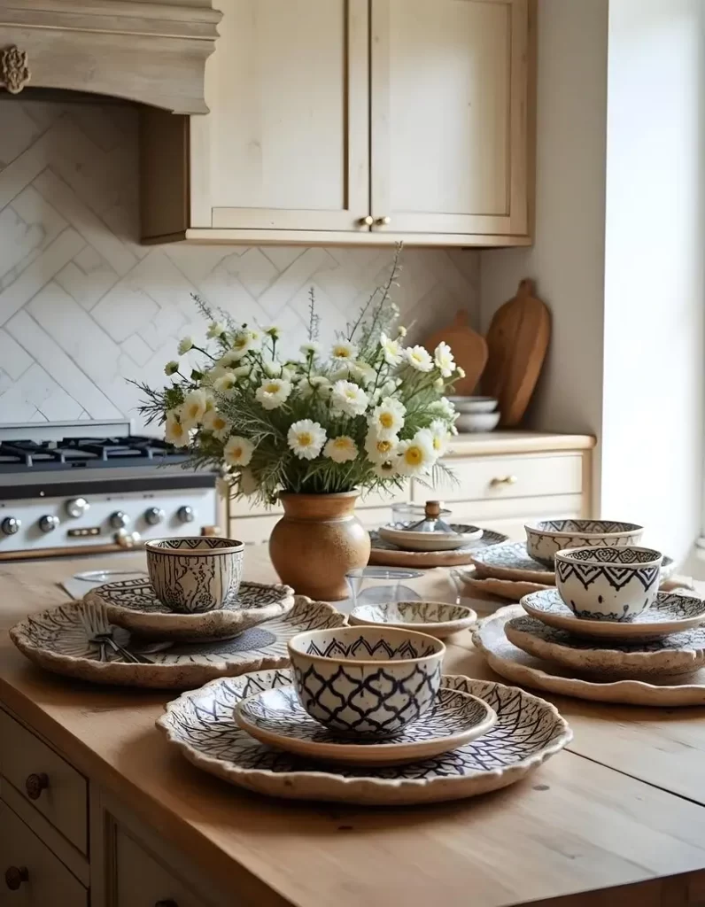 A dining table setting featuring rustic, hand-painted Moroccan ceramics with blue and white geometric patterns, including scalloped plates and bowls, next to a vase of white flowers in a bright kitchen.