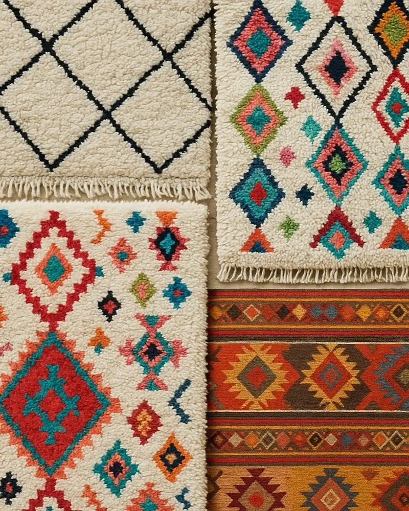 A close-up collage showing a variety of Moroccan rugs and textiles, including a cream Beni Ourain style rug with black diamonds, and several colorful Berber rugs with bright geometric diamond patterns and fringe.