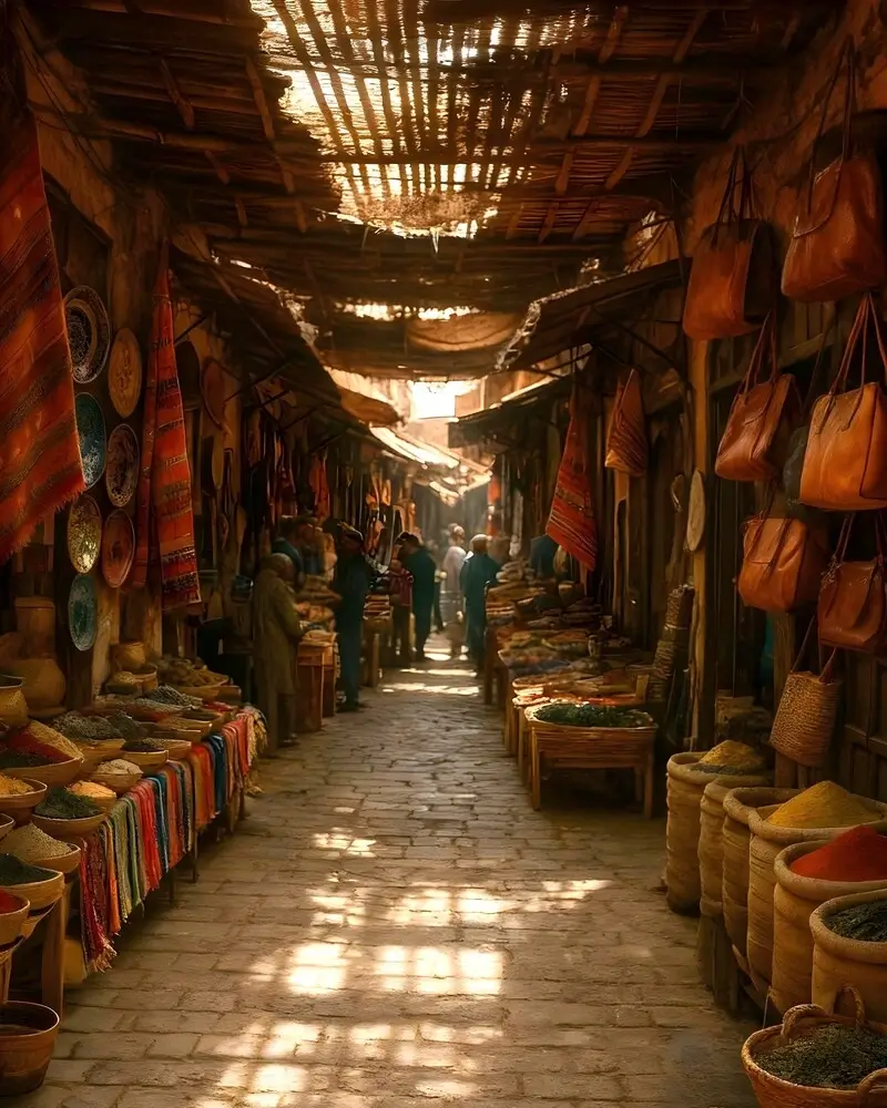 A narrow, sun-dappled alleyway in a traditional Moroccan souk or market, lined with stalls selling spices, textiles, leather goods, and other wares, with people walking in the distance.