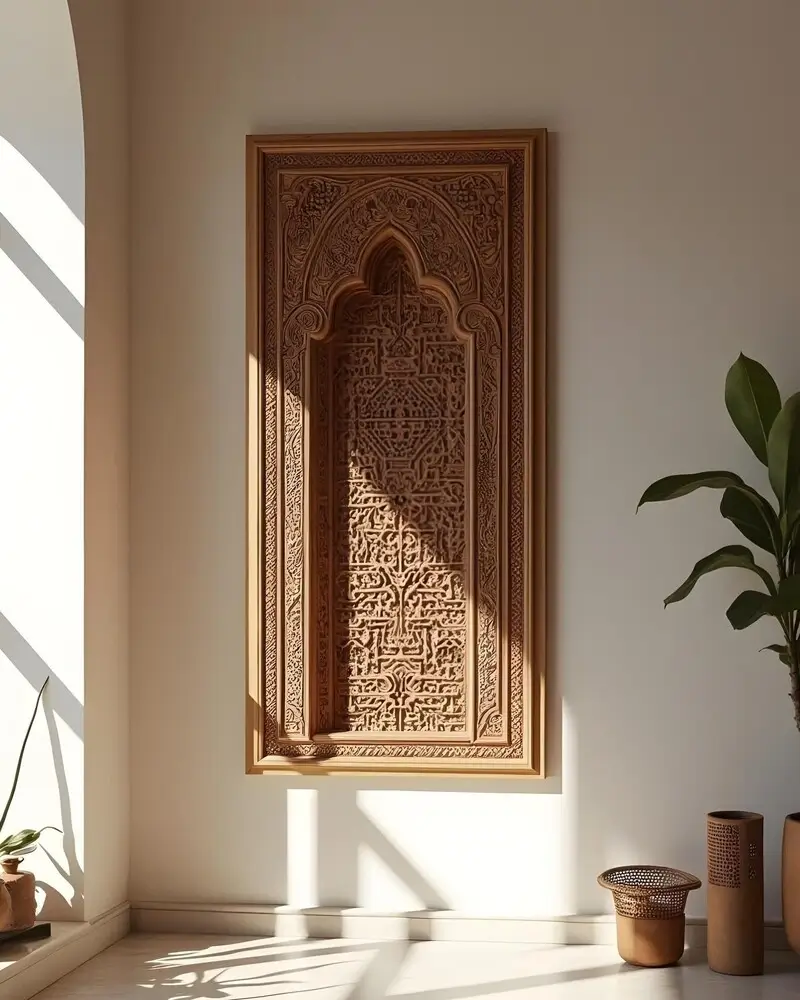 A vertical, recessed wood carving panel with intricate Islamic calligraphy and geometric patterns, hanging on a bright wall with natural light streaming in from an arched doorway.