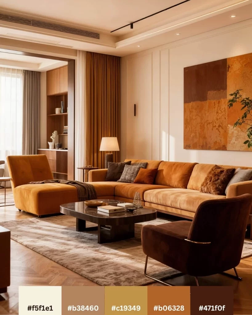 A modern and upscale living room with a dominant warm, burnt-orange sectional sofa, a dark coffee table, and abstract wall art echoing the colors of desert sands. The palette is: #f5f1e1, #b38460, #c19349, #b06328, and #471f0f.