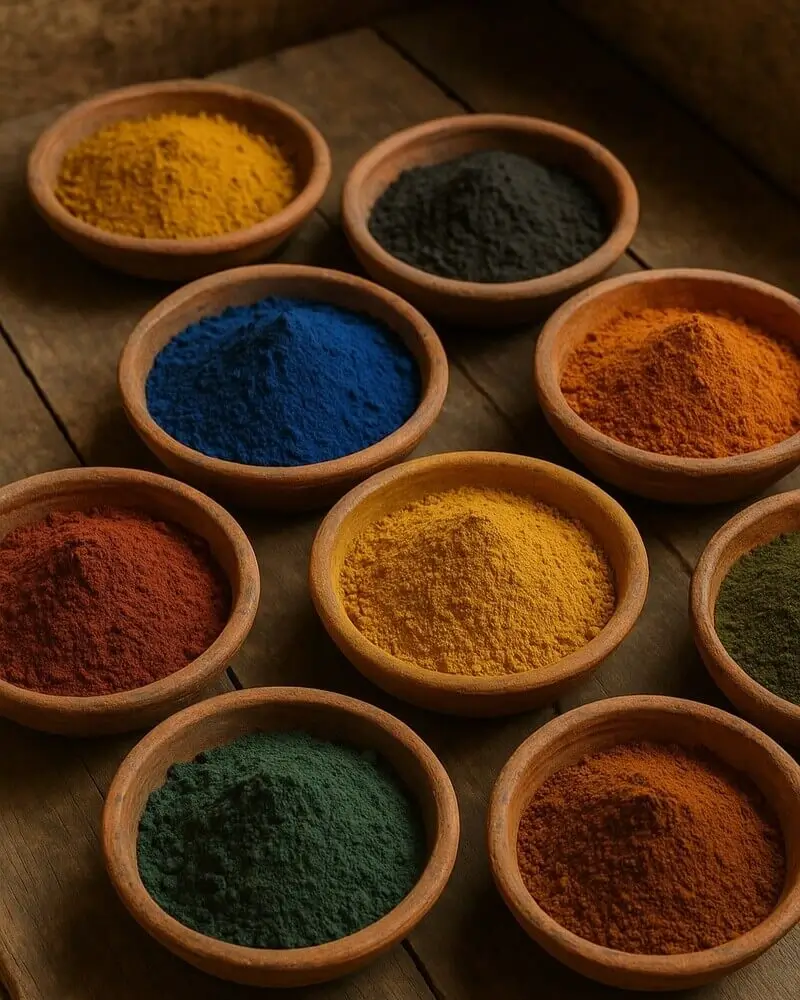Bowls filled with colorful, natural pigment powders used as dyes in Moroccan art and textiles, including shades of yellow, blue, black, red, and green.