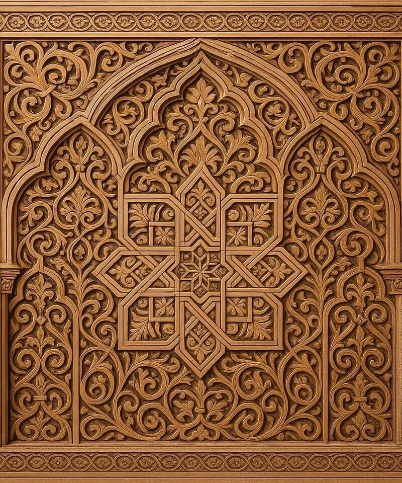 Ornate, deep relief Moroccan art wood carving featuring complex Islamic geometric patterns and flowing arabesques under a pointed arch.