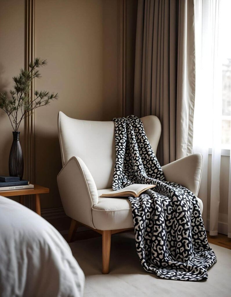 A cozy reading nook in a bedroom featuring an off-white armchair draped with a black and white animal print blanket, with a book resting open on the seat.