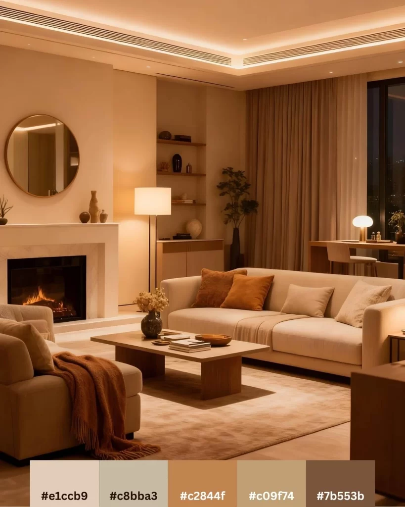 A bright, luxurious living room decorated in light, warm neutral tones, featuring a fireplace, a long sofa, and a wood coffee table. This interior is inspired by the earthy color palettes of a desert.
